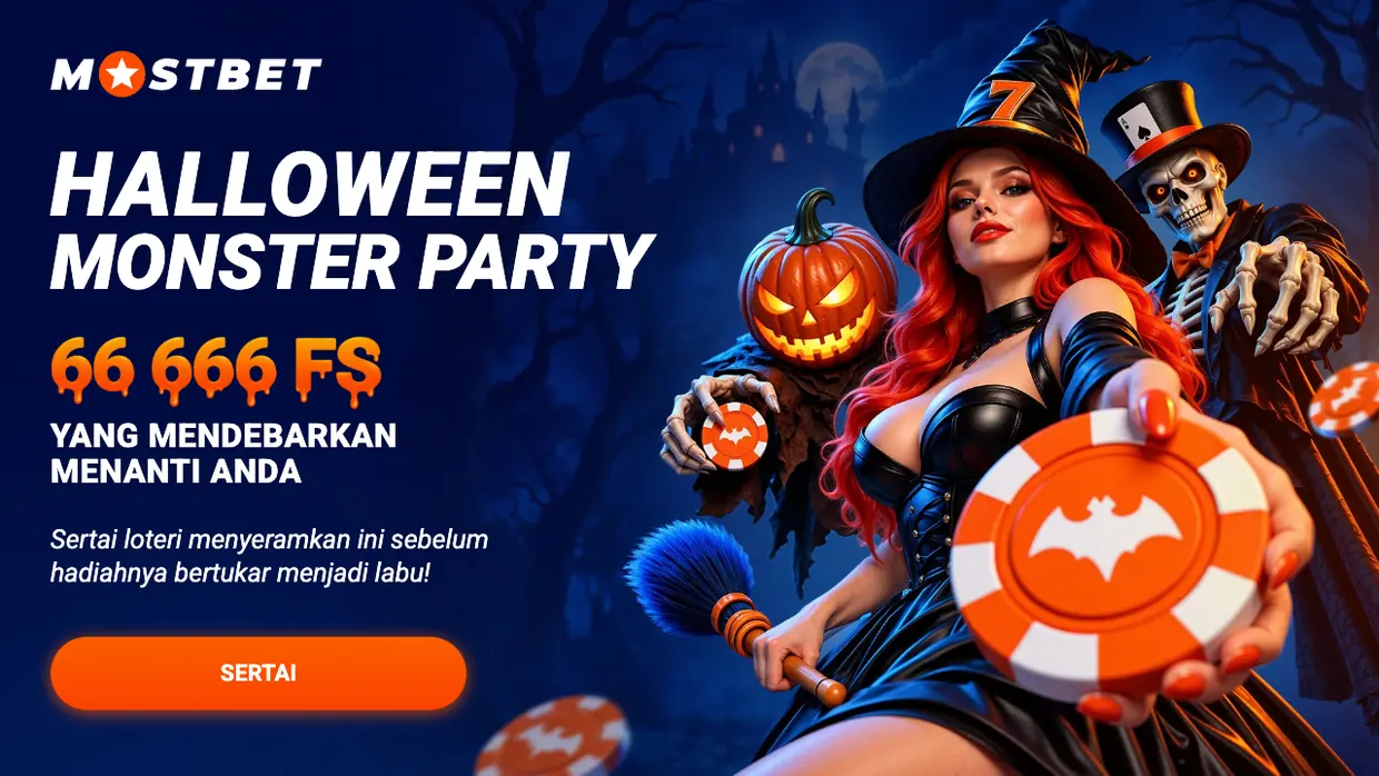Mostbet Halloween Monster Party banner with 66,666 free spins