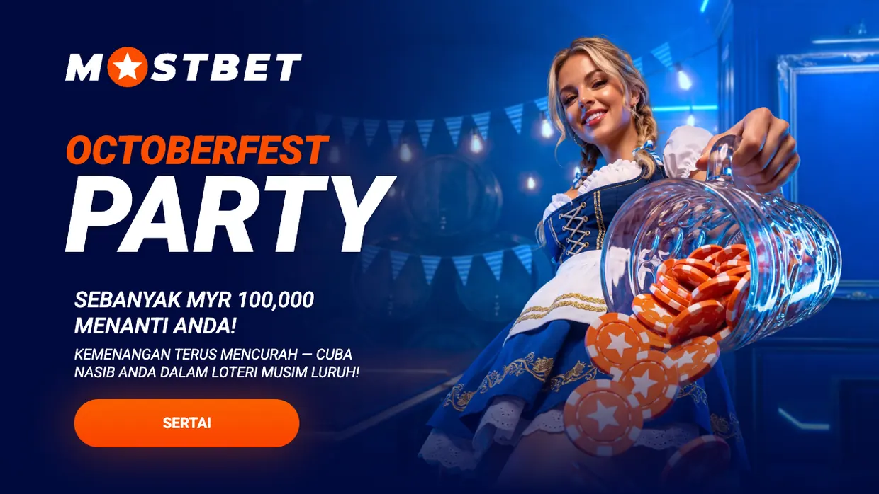 Mostbet Octoberfest Party banner with a MYR 100,000 prize pool